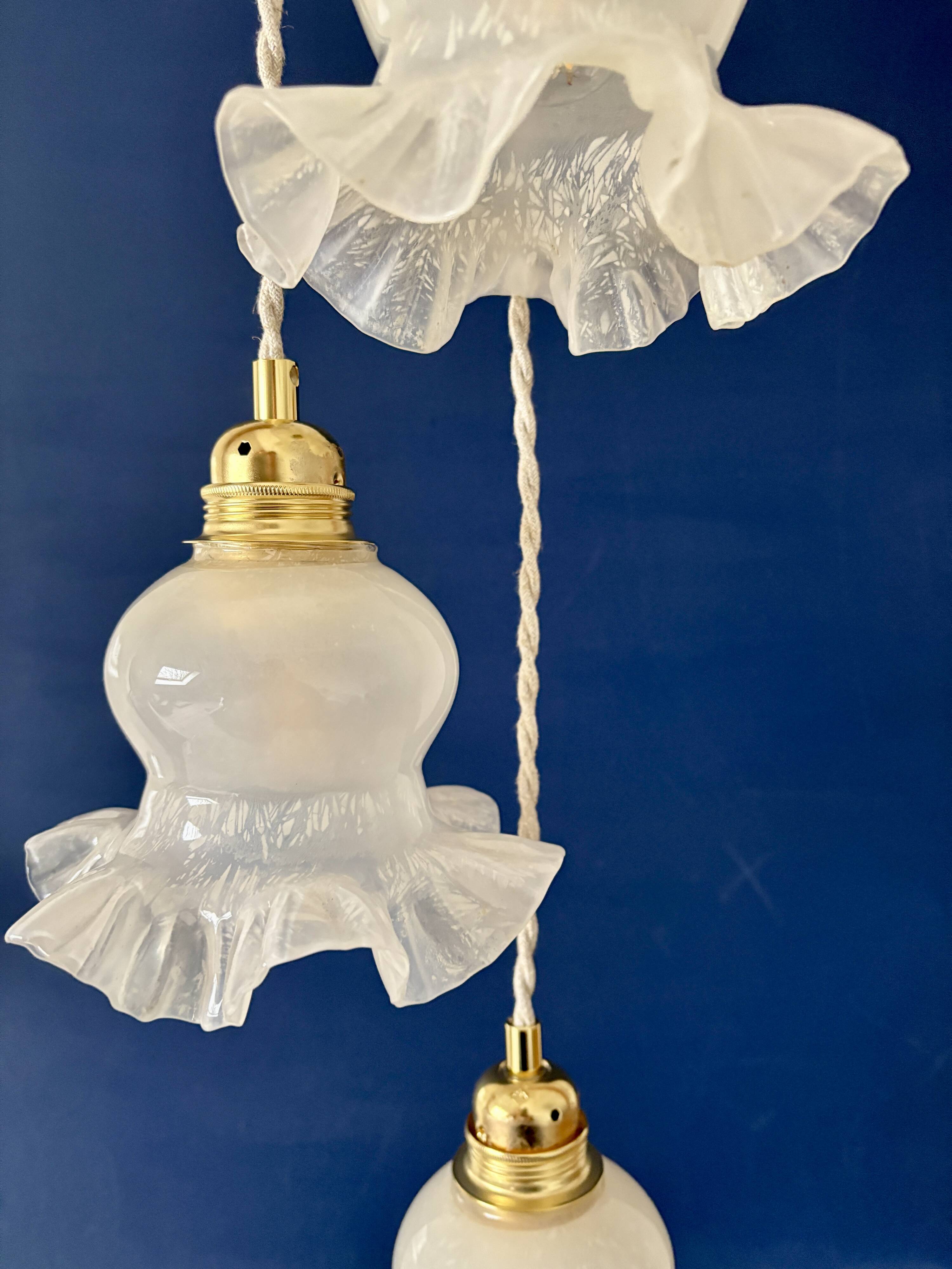 Vintage triple tulip pendant light in white glass