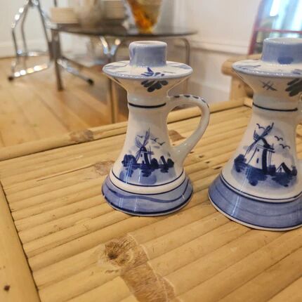 2 bougeoirs vintage en faïence bleue de Delft à anses - décor moulin