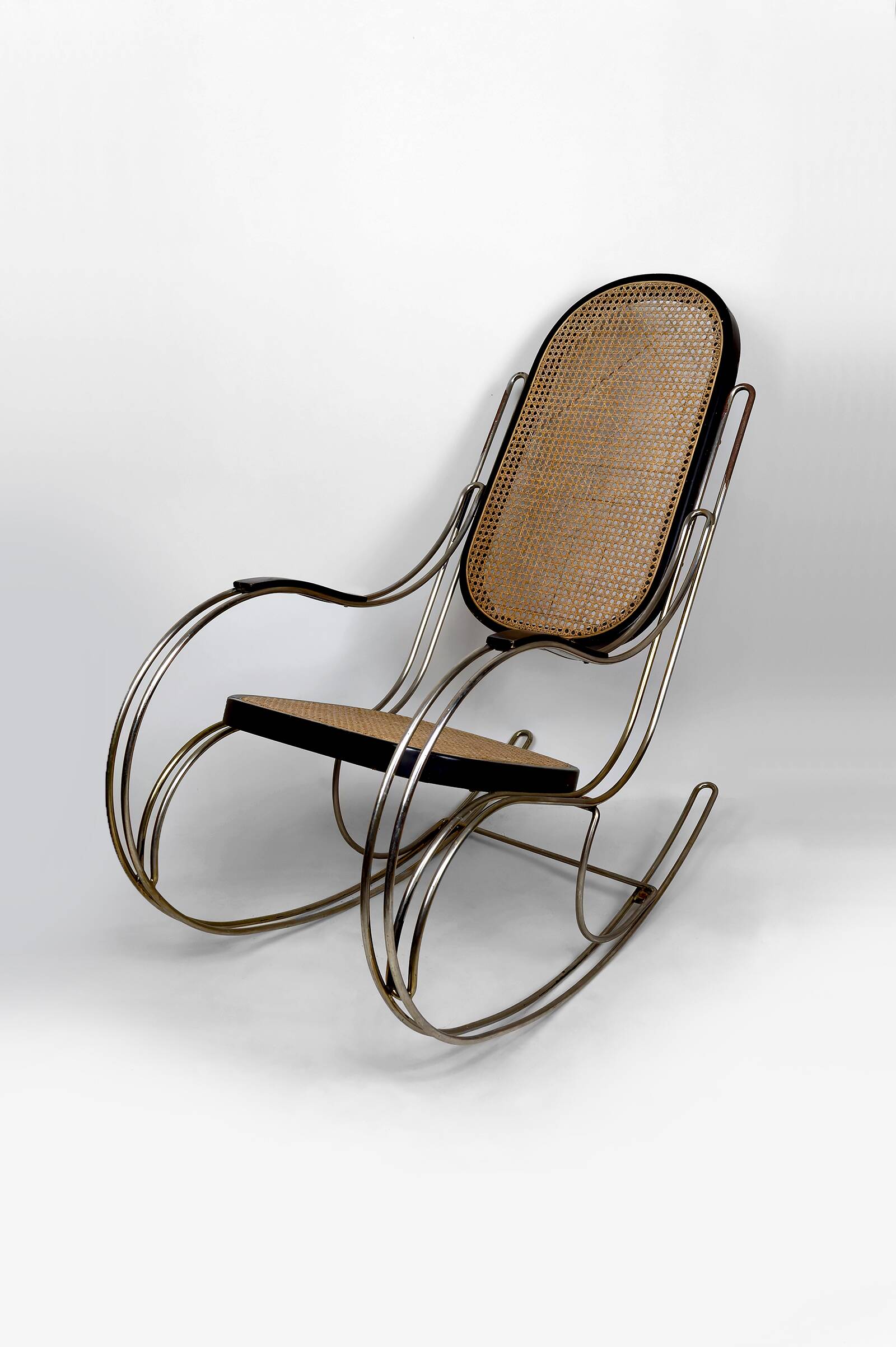 Modernist Rocking Chair in Blackened Wood, Canework and Chrome Frame, 1960-70