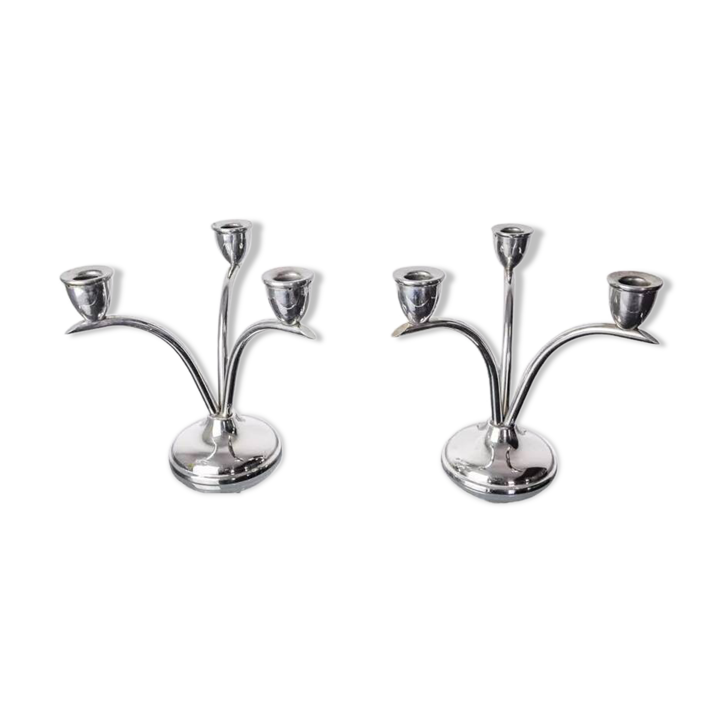 Pair of art deco stainless steel 3-flame candlesticks, Spain, 1970