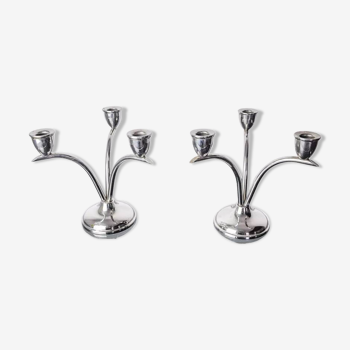 PAIR OF ART DECO STAINLESS STEEL 3-FLAME CANDLE HOLDERS, SPAIN, 1970