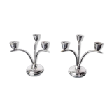 Pair of art deco stainless steel 3-flame candlesticks, Spain, 1970