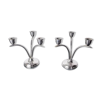 PAIR OF ART DECO STAINLESS STEEL 3-FLAME CANDLE HOLDERS, SPAIN, 1970