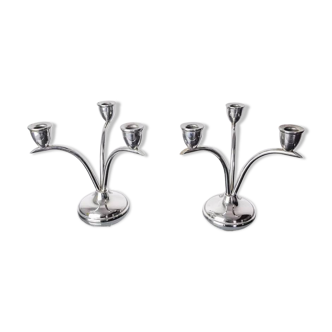 Pair of art deco stainless steel 3-flame candlesticks, Spain, 1970