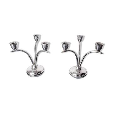 Pair of art deco stainless steel 3-flame candlesticks, Spain, 1970