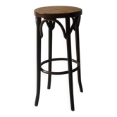 Tabouret de bistrot haut en bois tourné et cannage neuf, 1950
