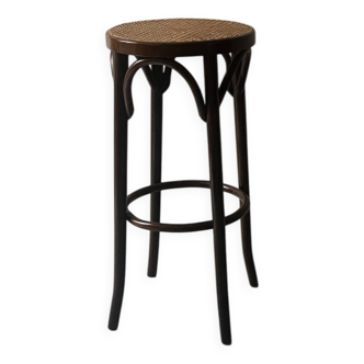 High bistro stool in turned wood and new cane, 1950