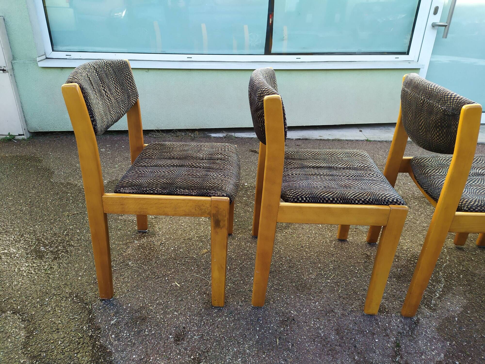 Lot de 4 Chaises en bois blond et tissu gris - Vintage