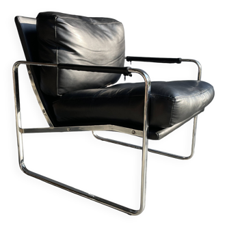 Vintage black leather armchair on metal base, 1980s
