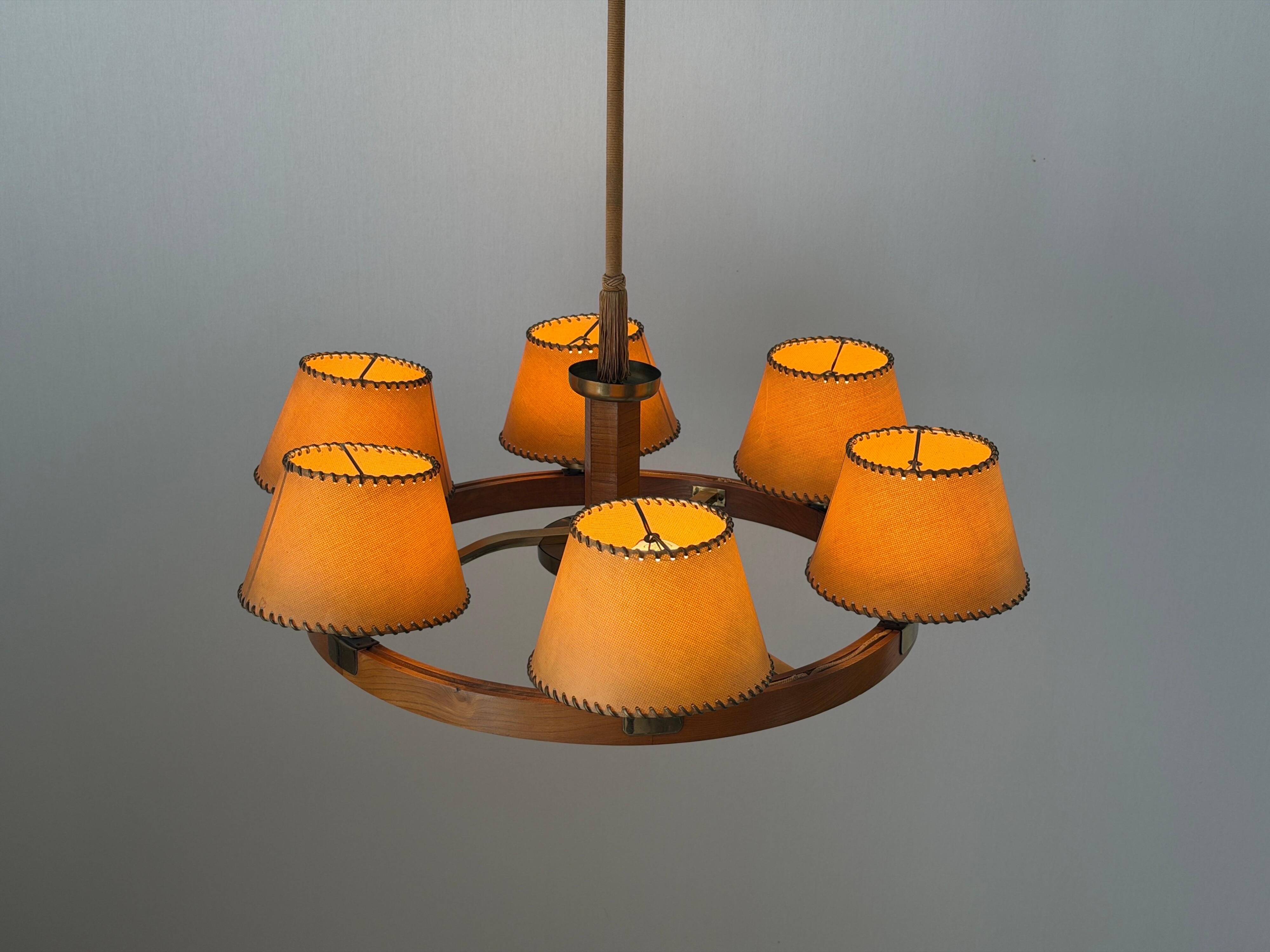 6 wooden paper head chandeliers with brass details, 1960s, Germany