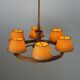 6 wooden paper head chandeliers with brass details, 1960s, Germany