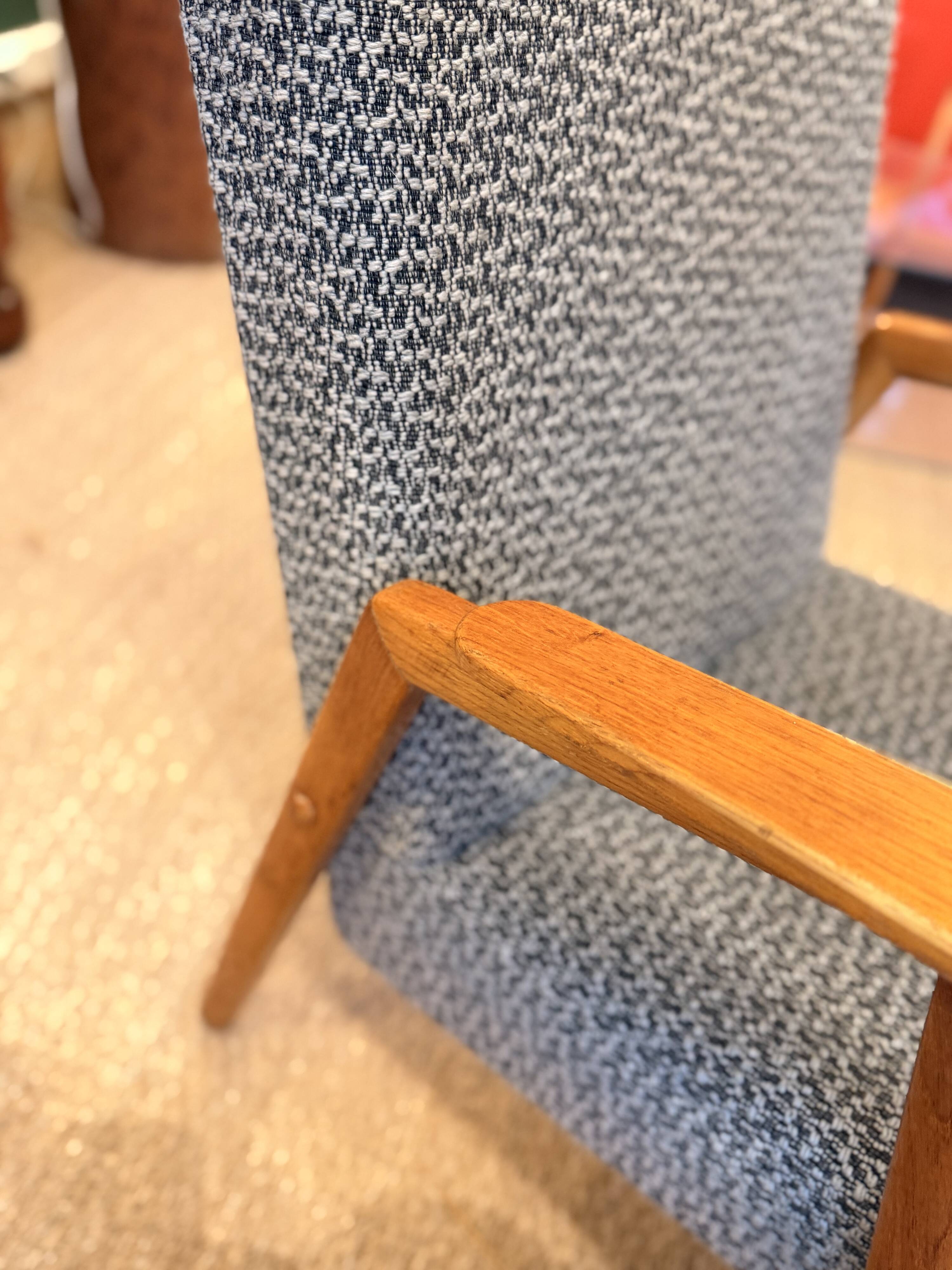 Pair of vintage oak armchairs, original fabric and seat.