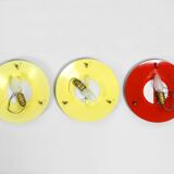 Three round 1950s wall or ceiling lamps made of metal and plexiglass shades