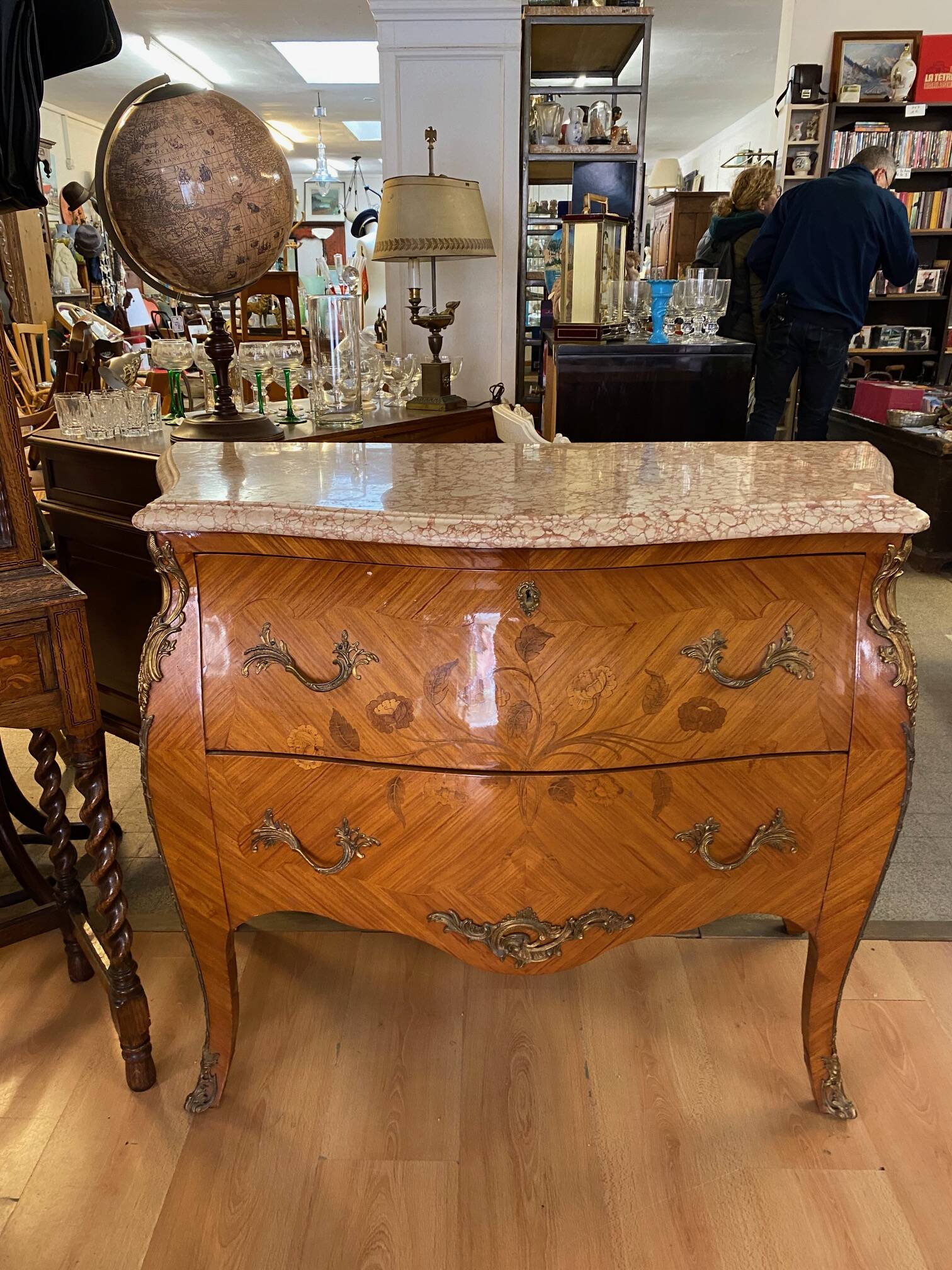 Louis xv style curved chest of drawers in marquetry with marble and embroidered floral decor