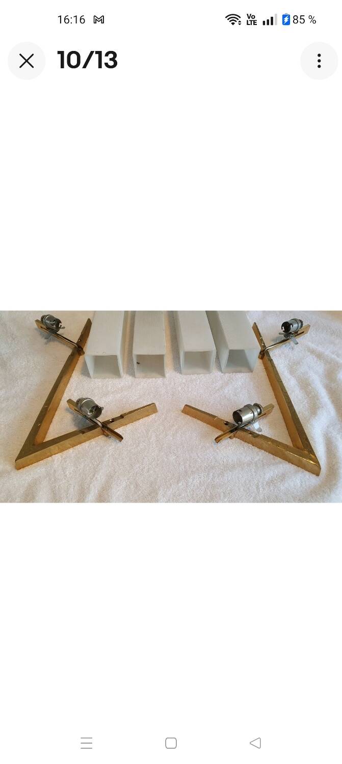 Arlus pair of wall sconces in gilt bronze and opaline glass, 1950