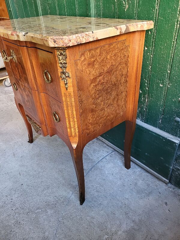 Chest of drawers transition Louis XVl marquetry marble top