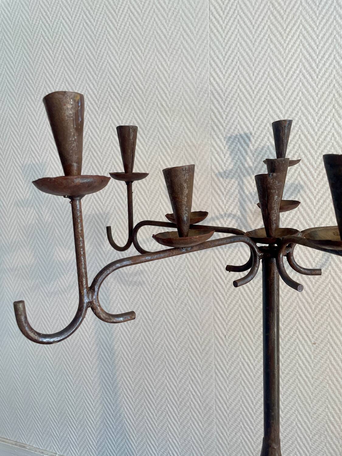 Large standing candlestick in folk art forged metal