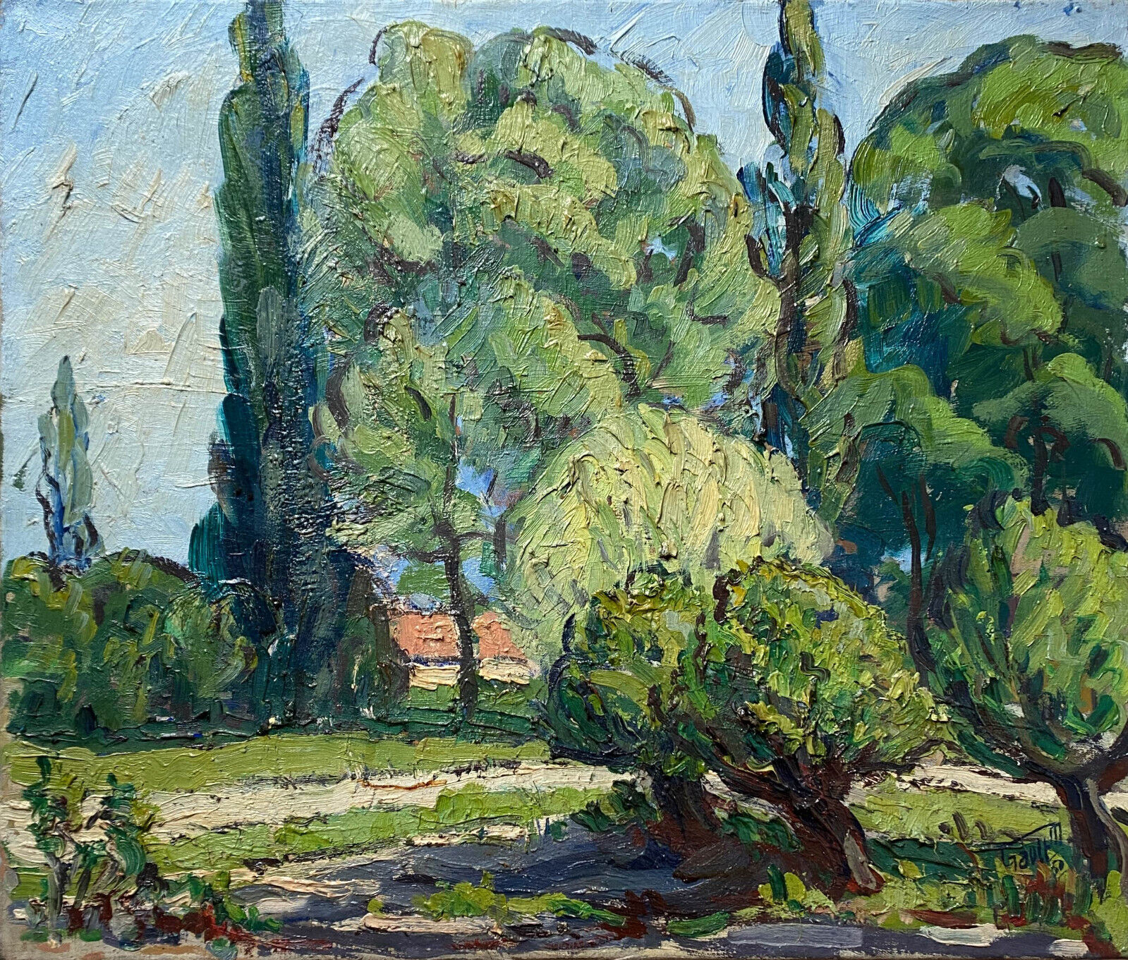 HST painting "Sunny landscape and wooded village" by Marcel GAULT (1899-1989)
