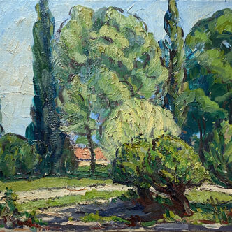 HST painting "Sunny landscape and wooded village" by Marcel GAULT (1899-1989)