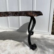 Brutalist coffee table in solid elm and wrought iron, ram's horn legs.
