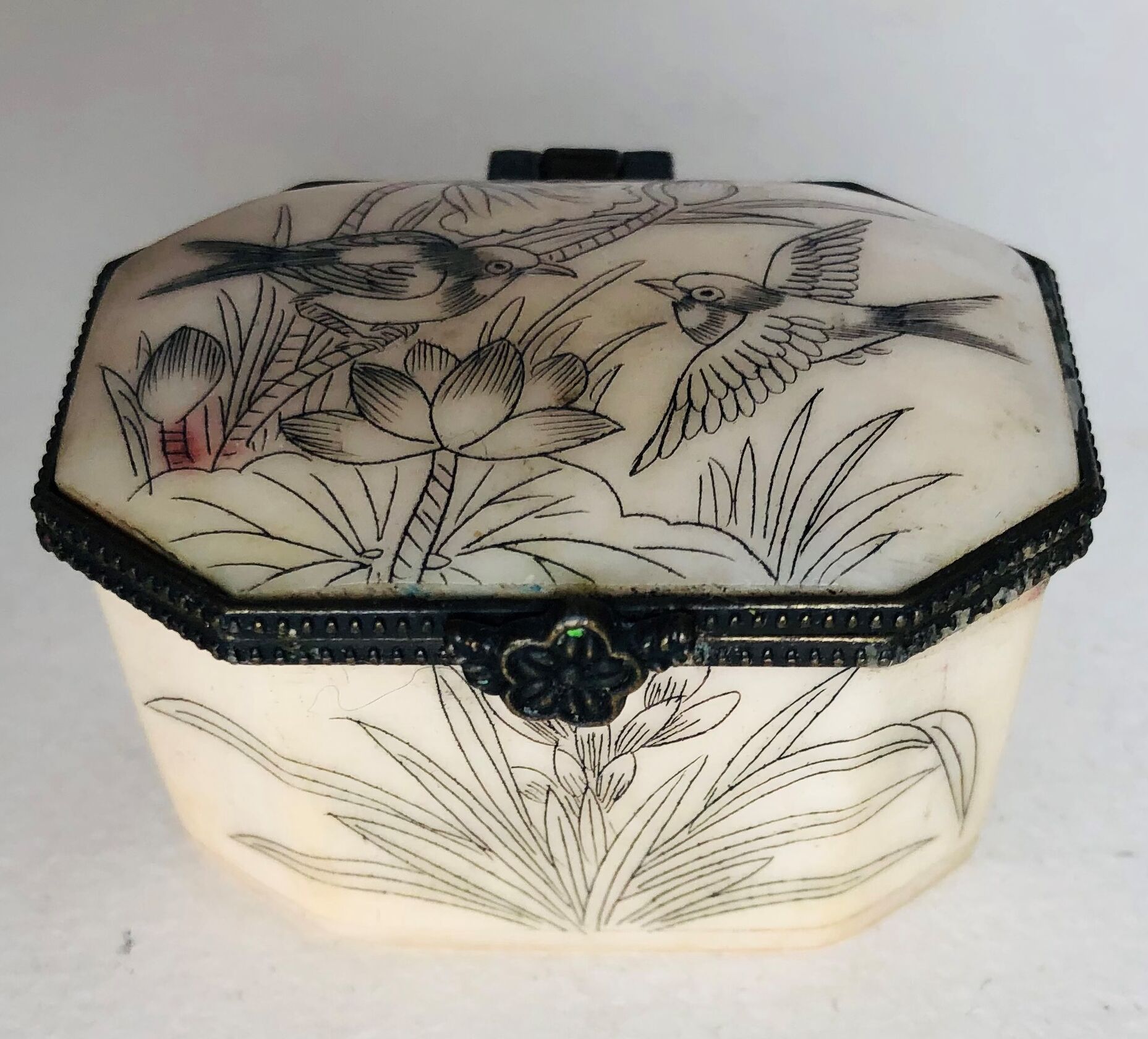 Engraved bone pill box