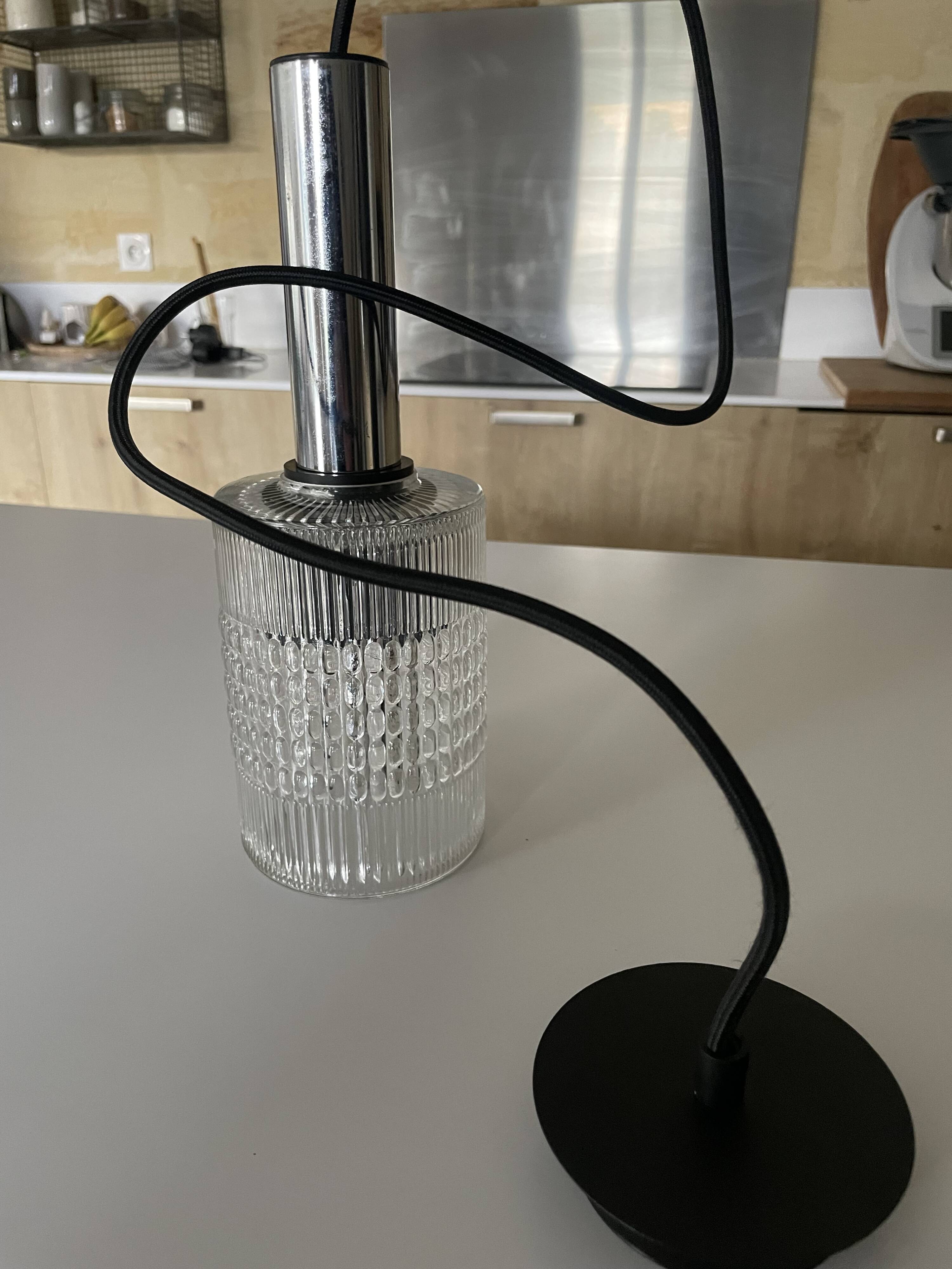 70s chrome pendant light with molded glass globe
