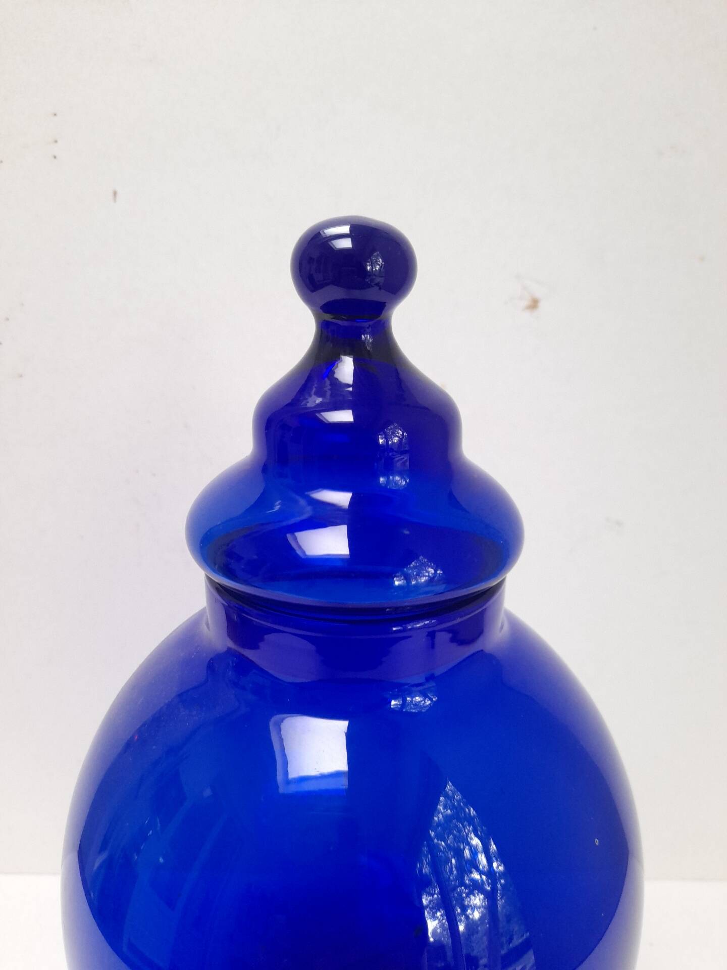 Large blue glass sweet jar on a pedestal from the 80s.