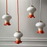 Ensemble de 4 suspensions tulipes en opaline orange dégradé fil orange et blanc années 70