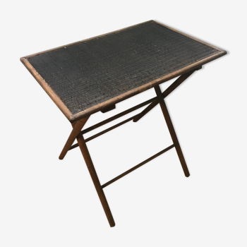 Table ancienne pliante en rotin et en bois