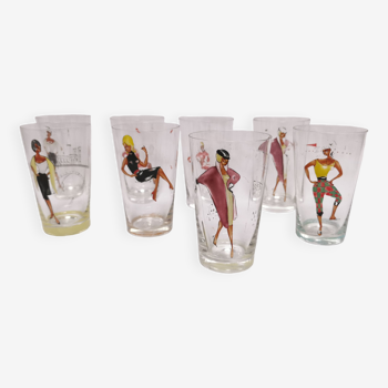 8 verres décor peint vintage . motif femme pin'up france mode parisienne . annees 50