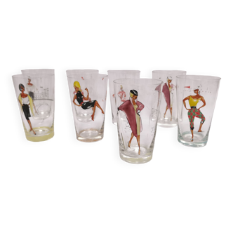 8 verres décor peint vintage . motif femme pin'up france mode parisienne . annees 50