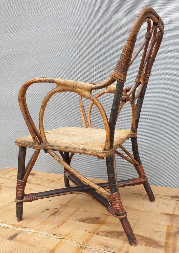 Children's armchair 1890 Chestnut, Rattan and damask velvet