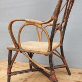 Fauteuil enfant 1890 châtaigner, rotin et velours damassé