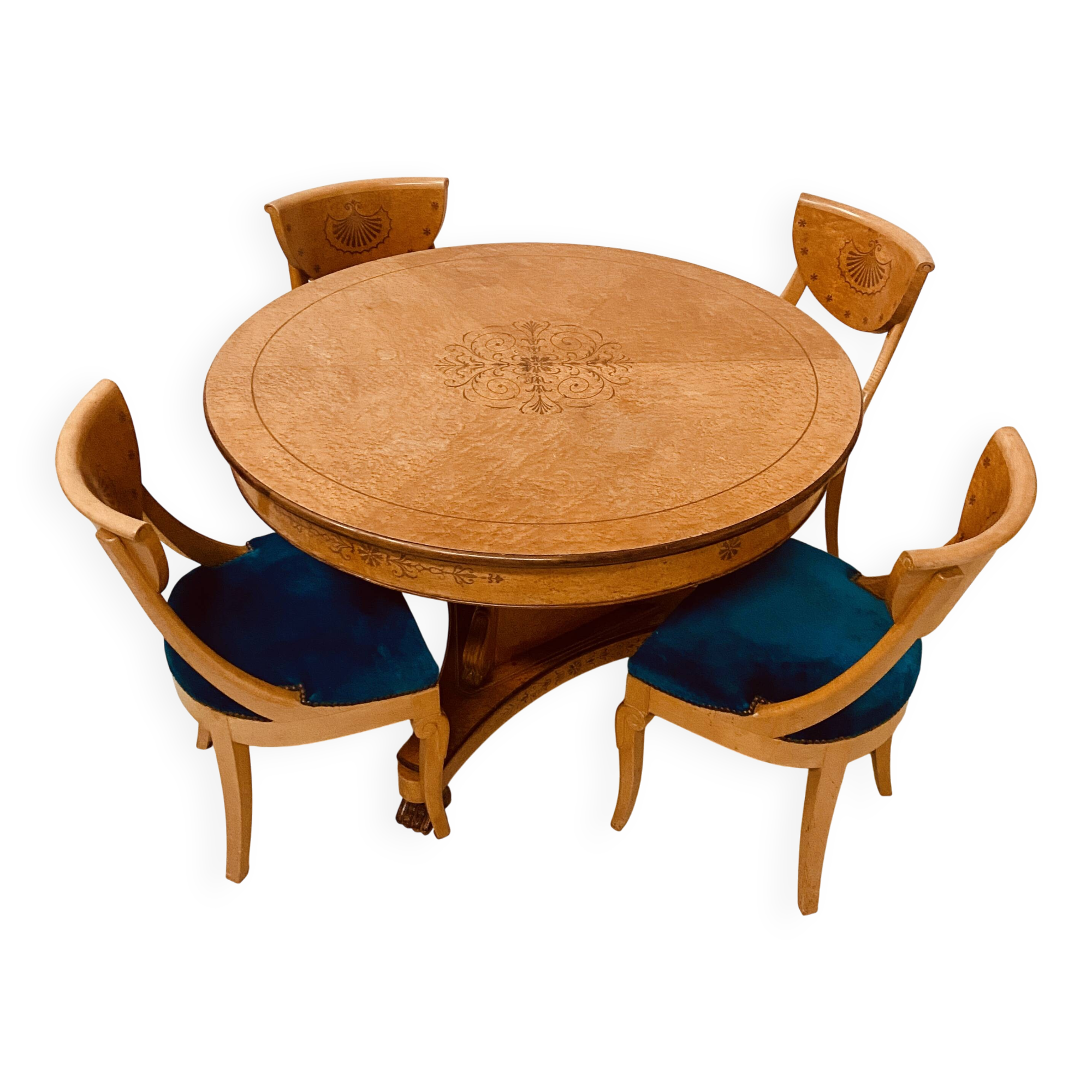 Charles X style maple veneer table and chair set, 20th century