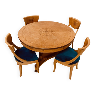 Charles X style maple veneer table and chair set, 20th century