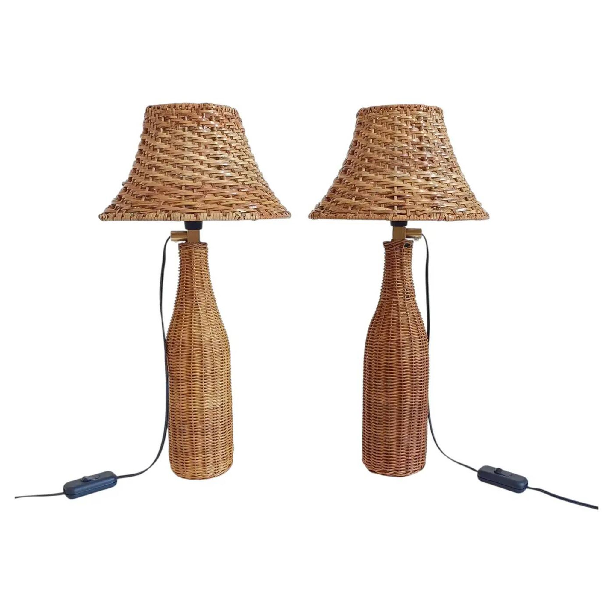 Pair of Table Lamps in Handwoven Wicker and Rattan, France, 1960s
