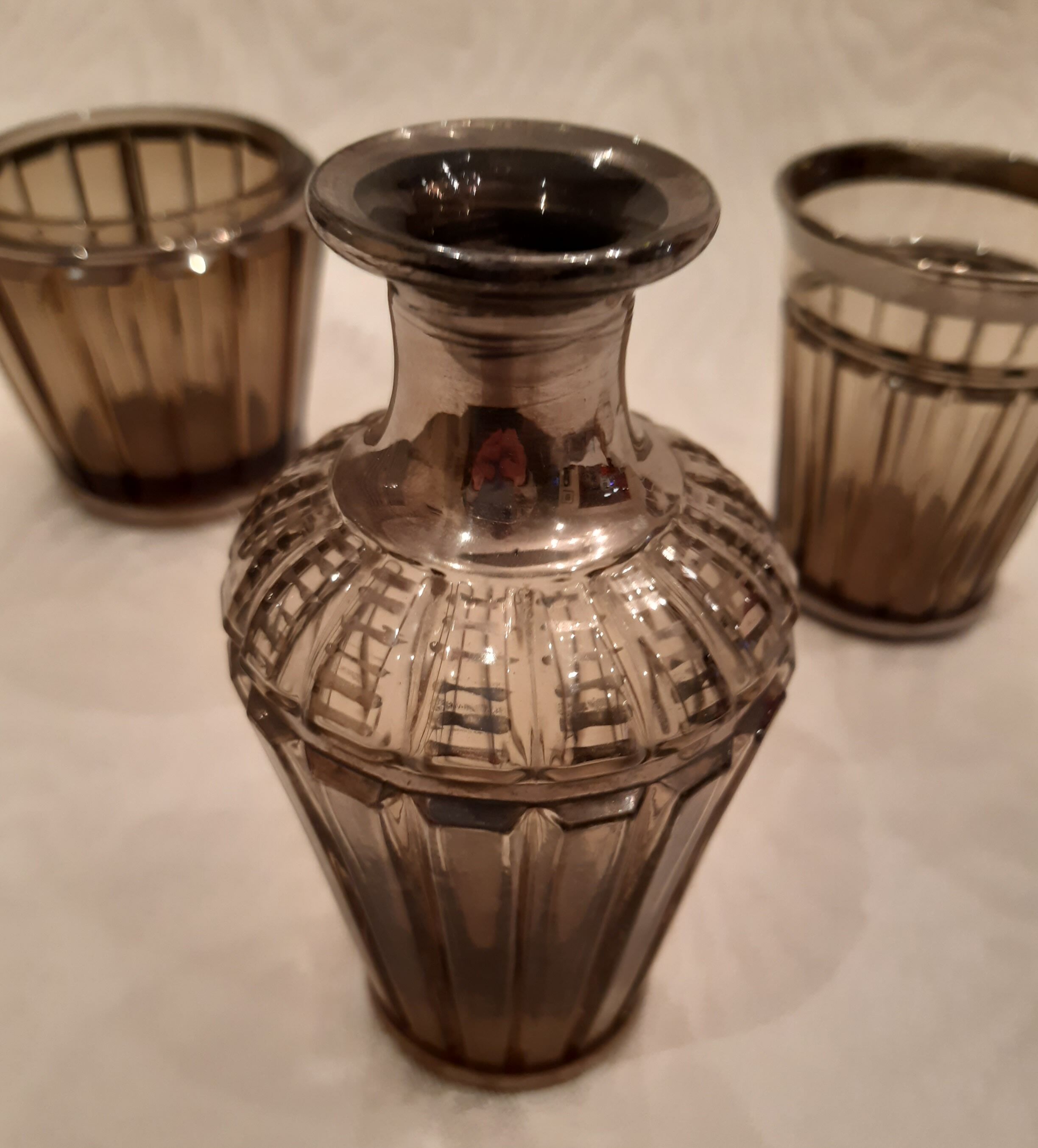 Carafe, glass and pot Portieux in smoked glass and silver art deco