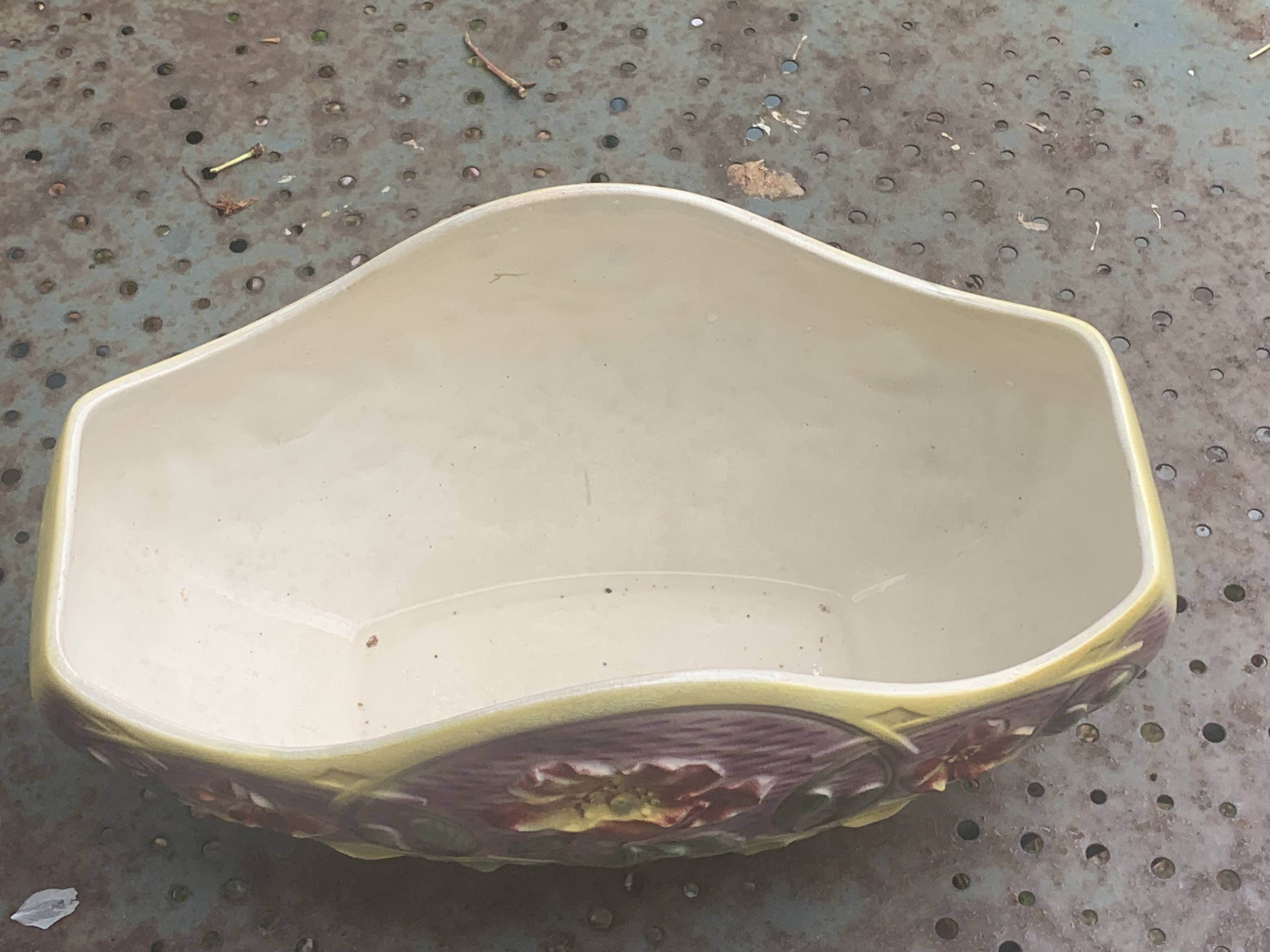 Yellow glazed ceramic slip planter, hawthorn pink flower pattern, art deco