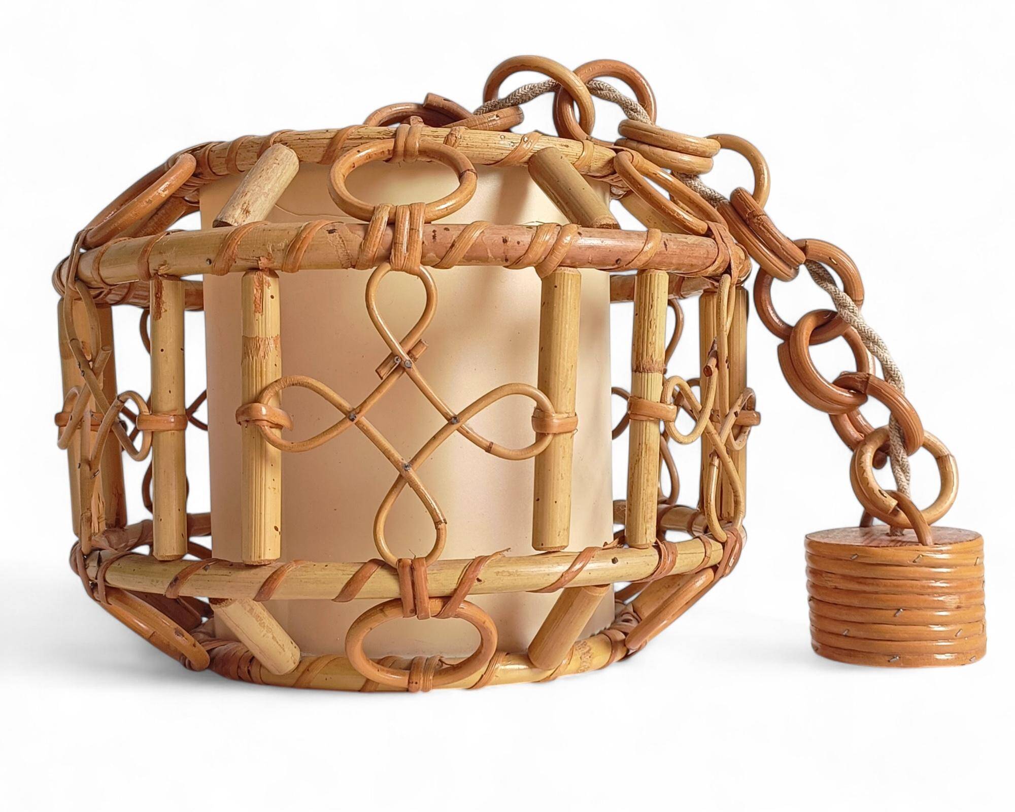 1960s Hand-Crafted Mid-Century Bamboo and Rattan Pendant Lamp, France