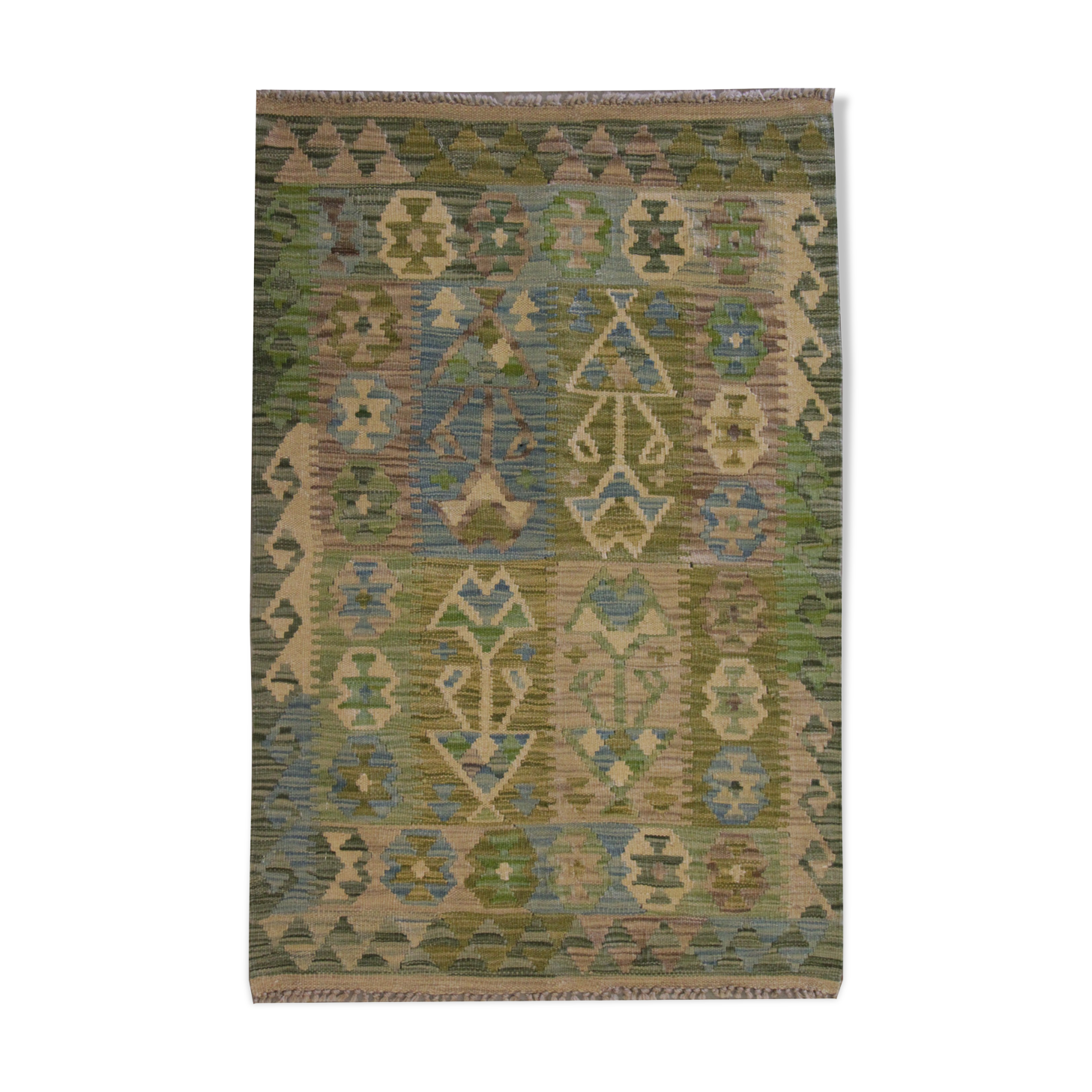 Laine verte Afghan Kilim Traditionnel Géométrique Tissé à plat Tapis fait à la main - 80x120cm