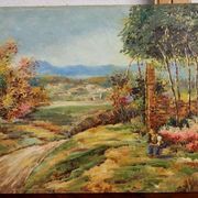 Oil painting on panel of a rural landscape, signed.