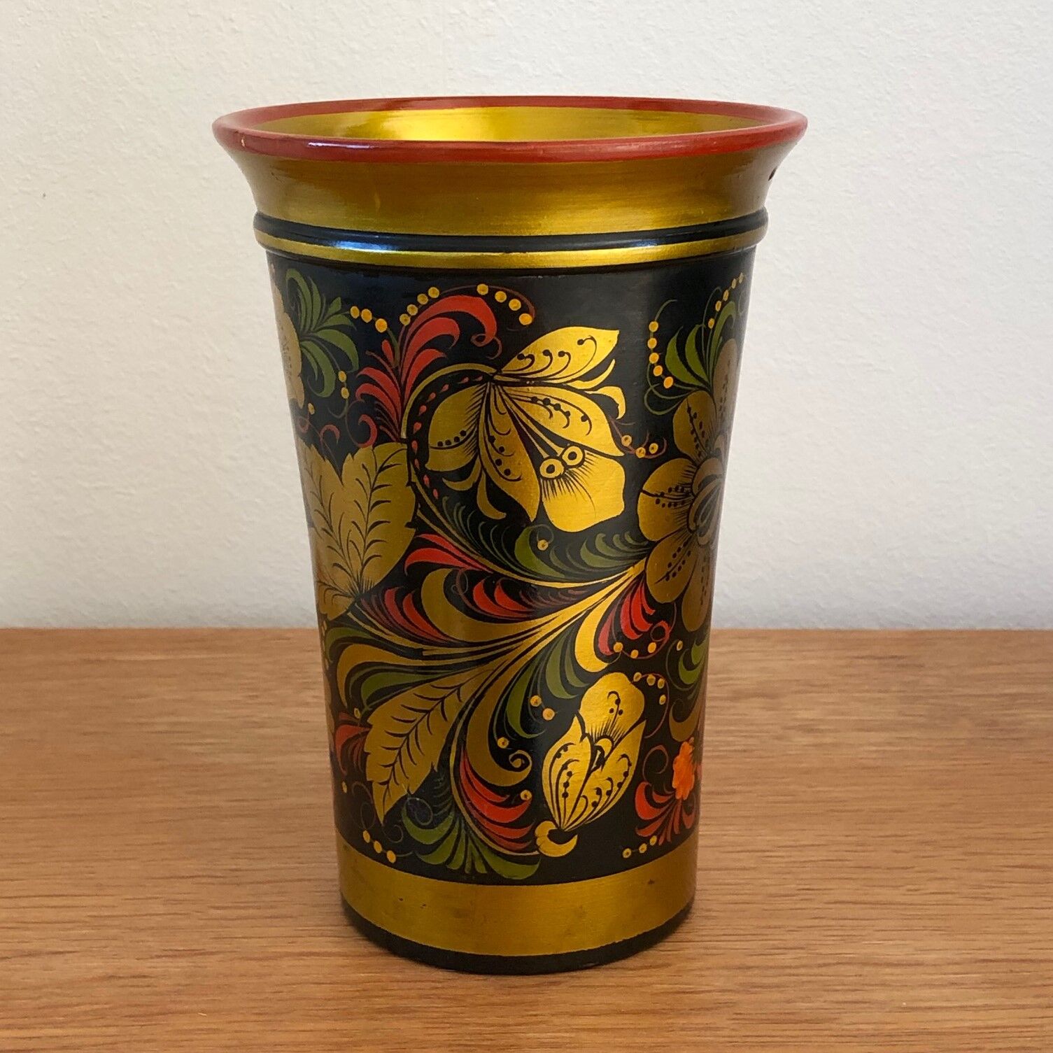 Khokhloma painted Russian wooden vase