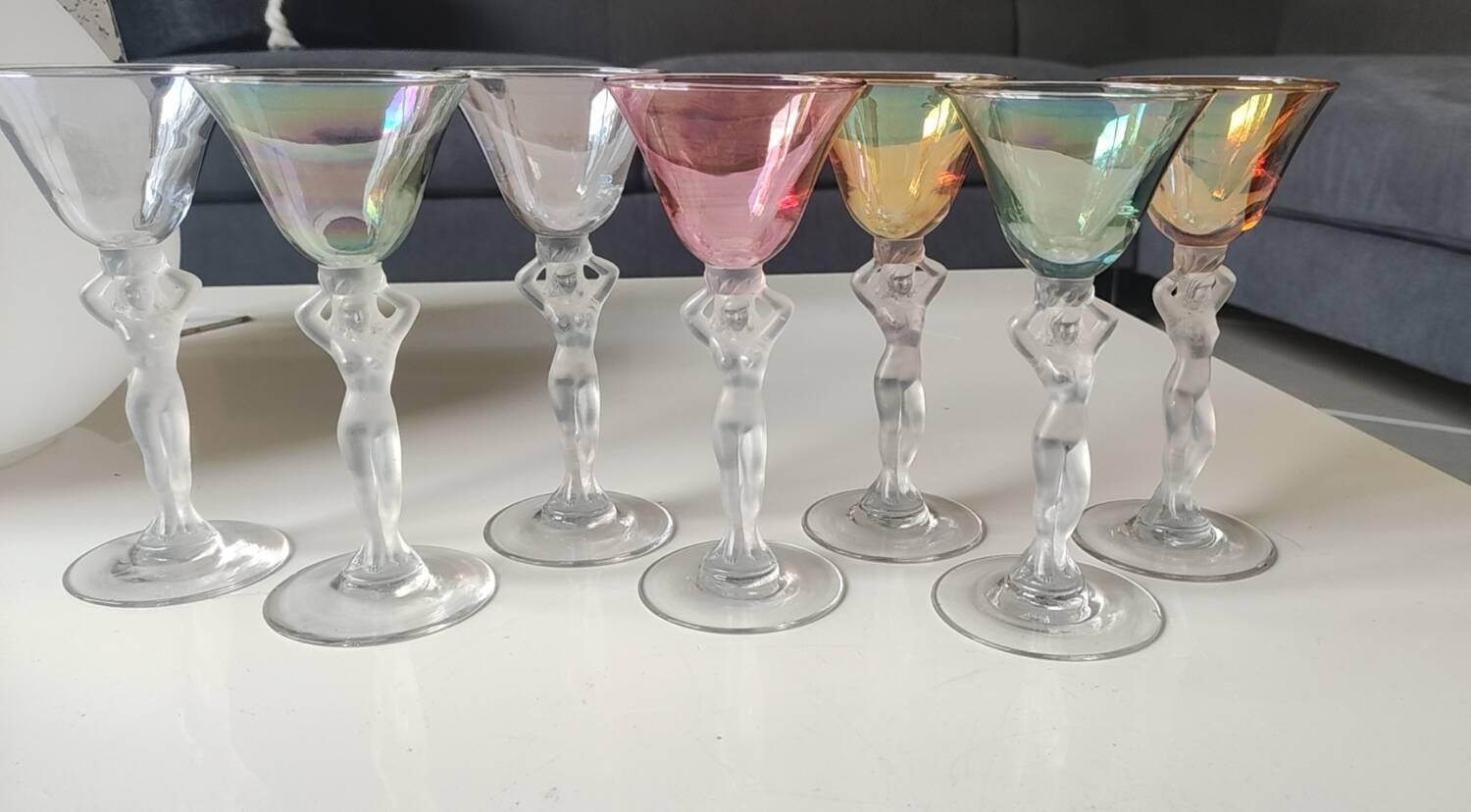 Set of 7 liqueur glasses. Royal Bayel crystal. Caryatid/Venus base.