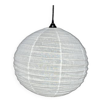 Large round Japanese-style rattan and natural linen pendant light D:60