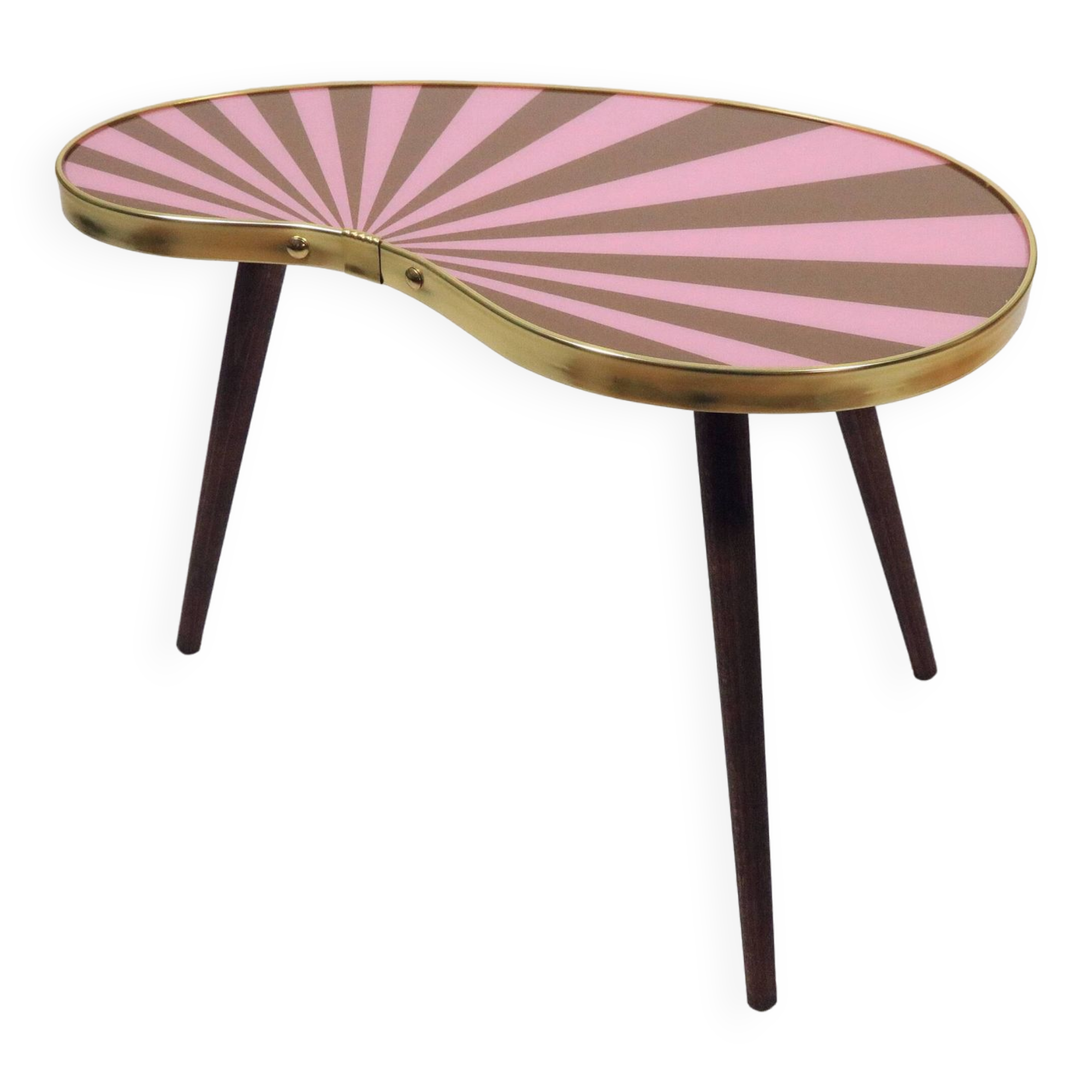 Petite table d'appoint, forme rein, rayures rose-taupe, 3 pieds élégants, style années 50