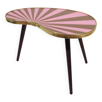Small Side Table, Kidney Shaped, Pink-Taupe Stripes, 3 Elegant Legs, 50s Style
