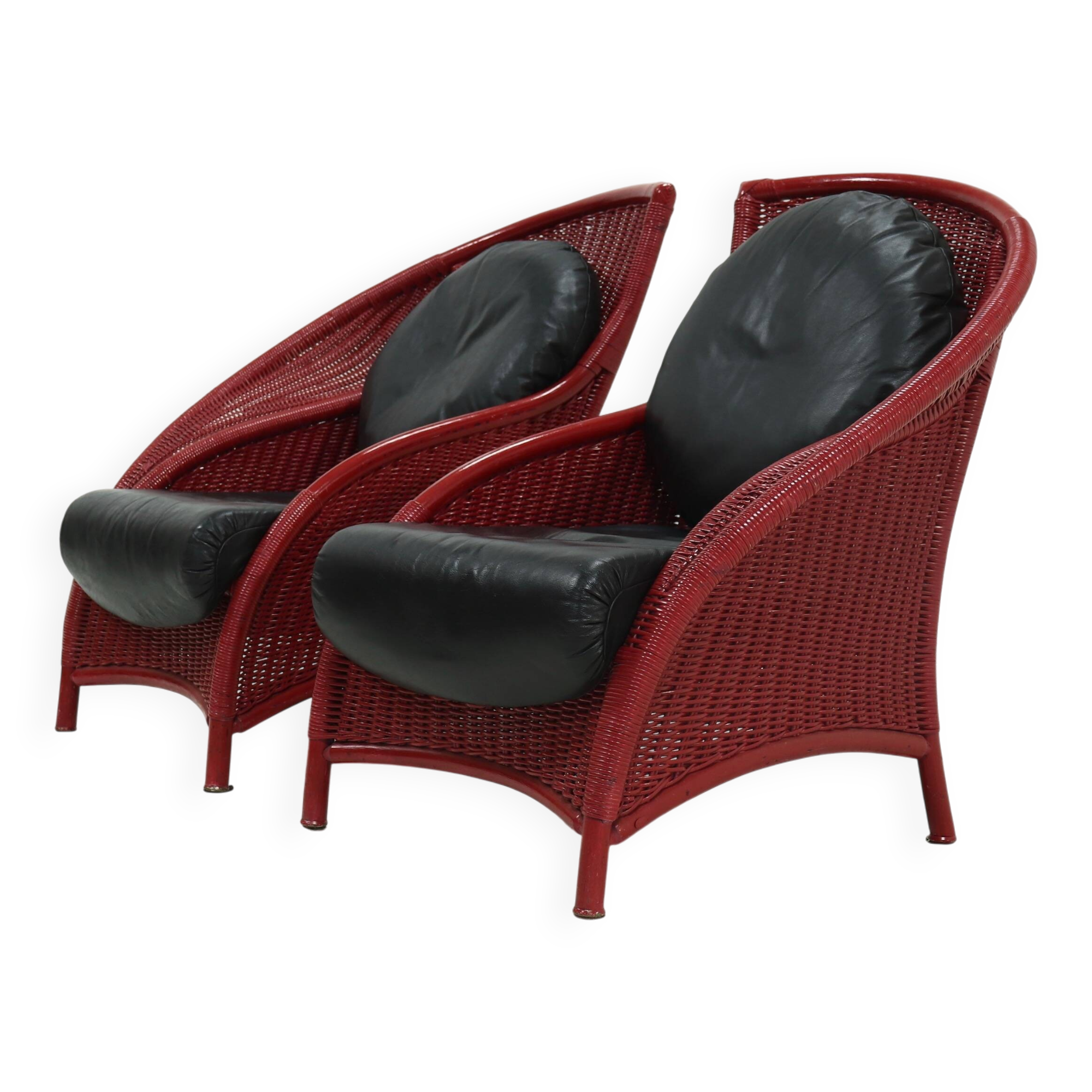 Set of 2 Sculptural Lounge Chairs in Red Lacquered Rattan 1970s