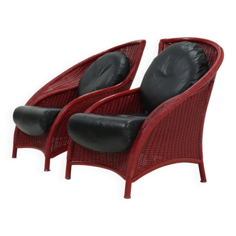 Set of 2 Sculptural Lounge Chairs in Red Lacquered Rattan 1970s