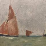 Peinture à l'huile vintage du XIXe siècle représentant un voilier en mer