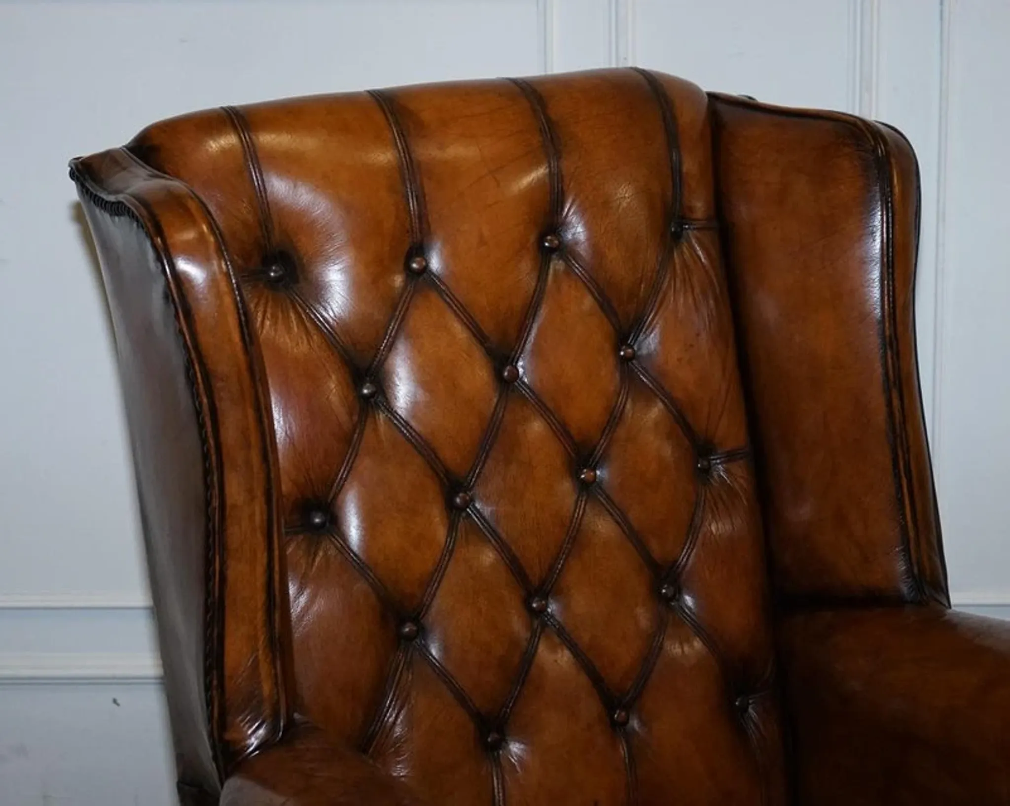 Chesterfield Wingback Armchair Set in Hand-Dyed Brown Leather, 1960s